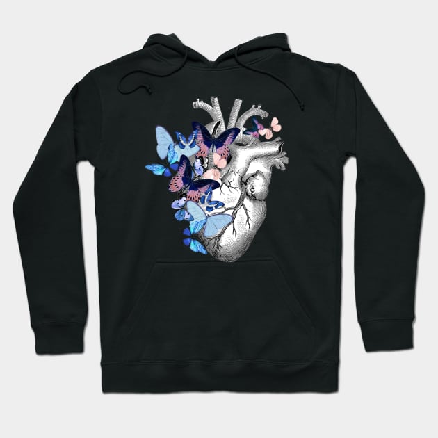 Heart Human Anatomy blue butterflies Hoodie by Collagedream